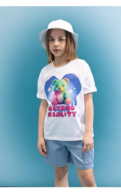 DeFactoFit Kız Çocuk Oversize Fit Bisiklet Yaka Baskılı Kısa Kollu Tişört C5464A824SMWT34