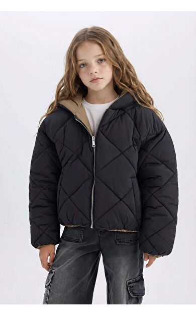 DeFacto Kız Çocuk Su İtici Çift Taraflı Kapüşonlu Kapitoneli Fermuar Kapamalı Cepli Şişme Mont