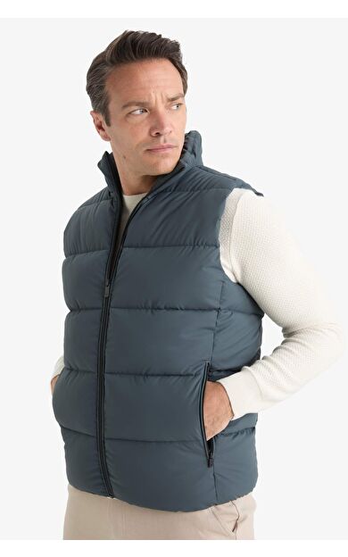 Slim Fit Dar Kesim Dik Yaka Fermuarlı Astarlı Su Geçirmez Şişme Yelek C5630AX25AUGN1085