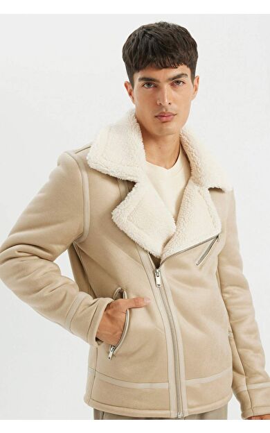 DeFacto Slim Fit Dar Kesim Fermuarlı Yaka Suni Kürk Astarlı Fermuarlı Suni Deri Mont