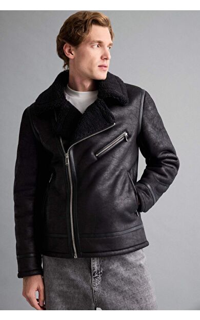 Slim Fit Dar Kesim Suni Kürk Astarlı Fermuarlı Cepli Süet Deri Kışlık Ceket Mont