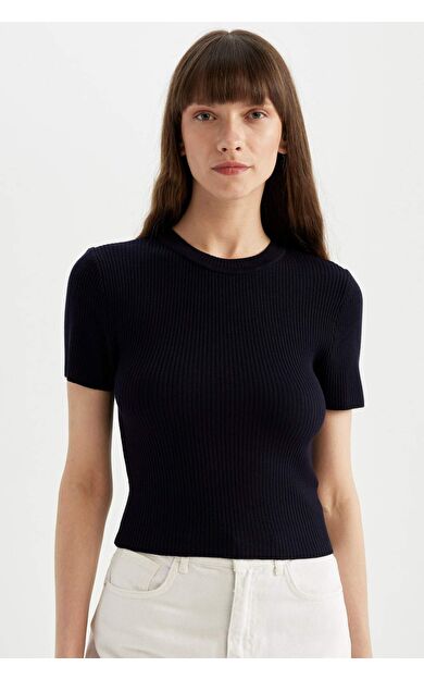 DeFactoFit Crop Bisiklet Yaka Ribana Kazak