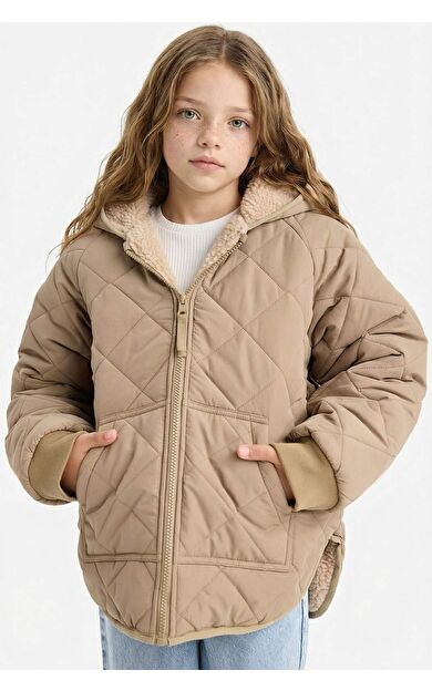 Kız Çocuk Çift Taraflı Kapüşonlu Fermuarlı Kapitoneli Mont