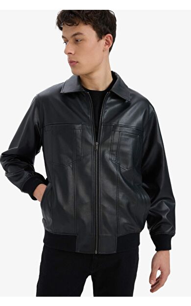 Regular Fit Gömlek Yaka Fermuarlı Suni Deri Ceket Mont