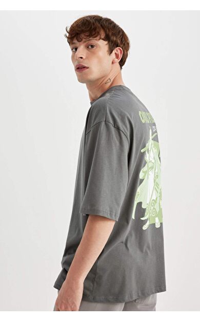 DeFactoFit One Piece Loose Fit Bisiklet Yaka Baskılı Kısa Kollu Tişört