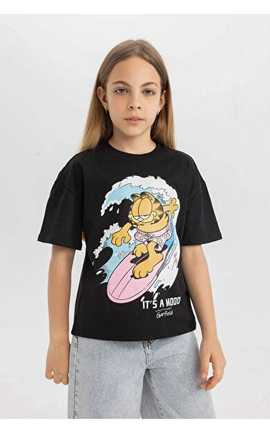 DeFactoFit Kız Çocuk Garfield Relax Fit Bisiklet Yaka Kısa Kollu Tişört