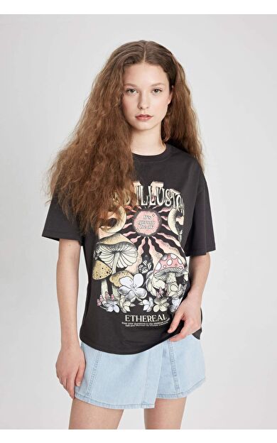 DeFactoFit Loose Fit Bisiklet Yaka Baskılı Kısa Kollu Tişört C5957AX24SMAR191