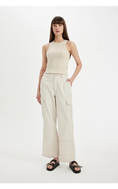 DeFacto DeFactoFit Wide Leg Kargo Kargo Cepli Normal Bel Standart Boy Gabardin Pantolon