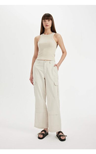 DeFacto DeFactoFit Wide Leg Kargo Kargo Cepli Normal Bel Standart Boy Gabardin Pantolon