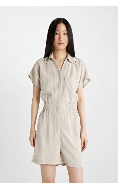 DeFactoFit Gömlek Yaka Baskılı Keten Kısa Kollu Tulum