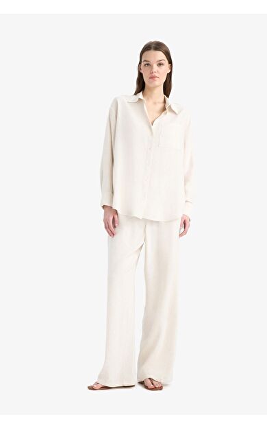 DeFacto Wide Leg Çift Cepli Yüksek Bel Standart Boy Keten Karışımlı Pantolon C6021AX25SPBG286