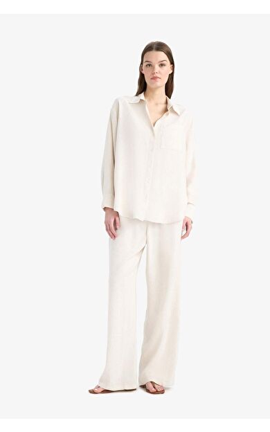 DeFacto Wide Leg Çift Cepli Yüksek Bel Standart Boy Keten Karışımlı Pantolon C6021AX25SPBG286