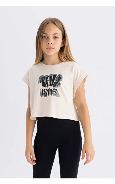 DeFactoFit Kız Çocuk Bisiklet Yaka Baskılı Kısa Kollu Tişört C6040A824SMBG760