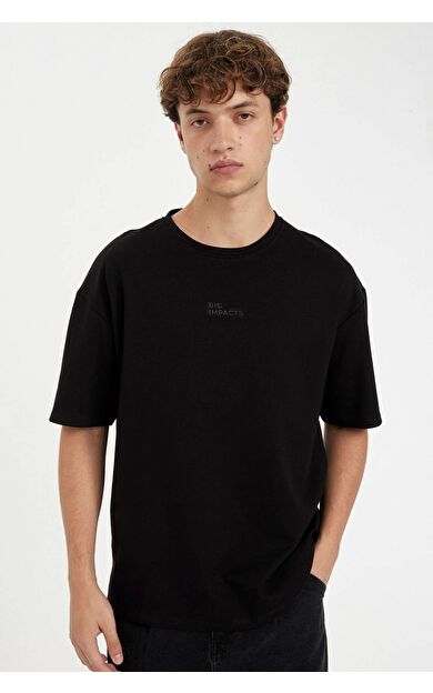 DeFacto Comfort Fit Bisiklet Yaka Baskılı Ağır Kumaş Kısa Kollu Tişört