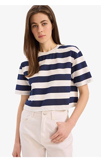 DeFacto Boxy Fit Bisiklet Yaka Çizgili Penye Kısa Kollu Tişört C6198AX25SMNV42