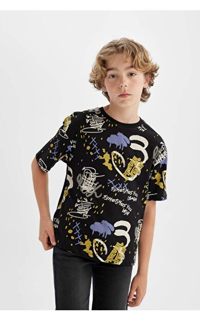DeFactoFit Erkek Çocuk Oversize Fit Bisiklet Yaka Desenli Kısa Kollu Tişört