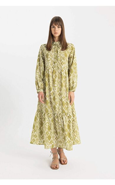 DeFacto Desenli Poplin Uzun Kollu Maxi Elbise
