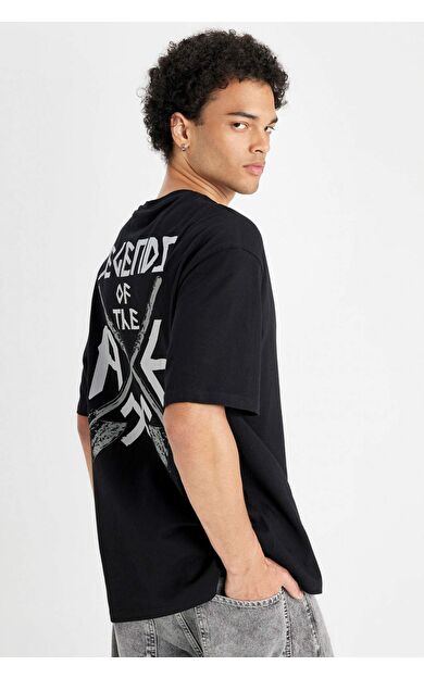 DeFactoFit Vikings Valhalla Boxy Fit Bisiklet Yaka Baskılı Kısa Kollu Tişört