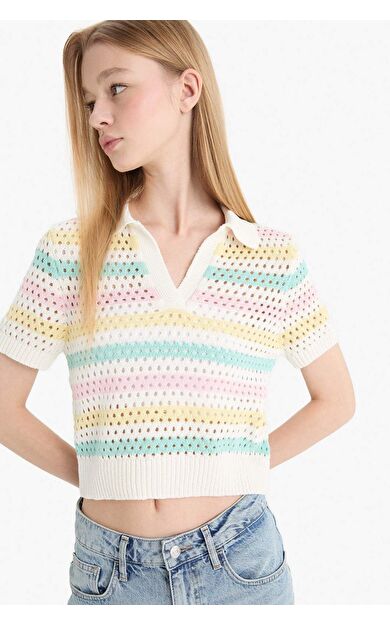 Coool Polo Yaka Renkli Kroşe Kısa Kollu Triko Tişört