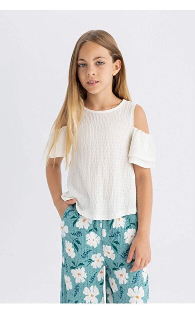 DeFactoFit Kız Çocuk Regular Fit Bisiklet Yaka Bürümcük Kısa Kollu Tişört C6890A824SMER105