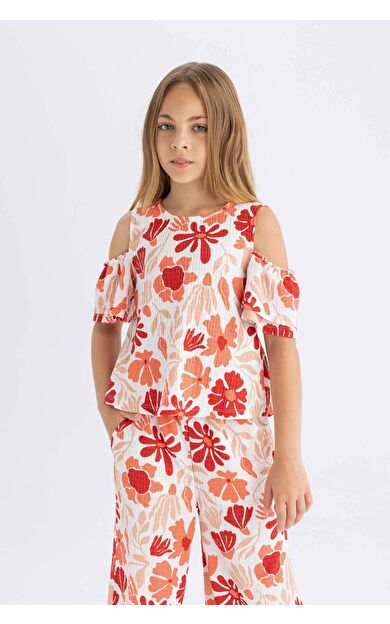 DeFacto DeFactoFit Kız Çocuk Regular Fit Bisiklet Yaka Bürümcük Kısa Kollu Tişört C6890A824SMRD116