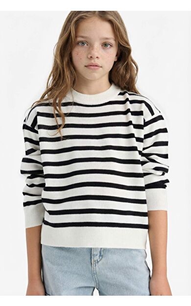 Kız Çocuk Standart Fit Bisiklet Yaka Çizgili Triko Kazak