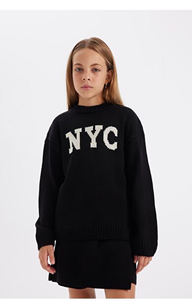 DeFacto DeFactoFit Kız Çocuk Oversize Fit Bisiklet Yaka Kazak C6905A824AUBK27