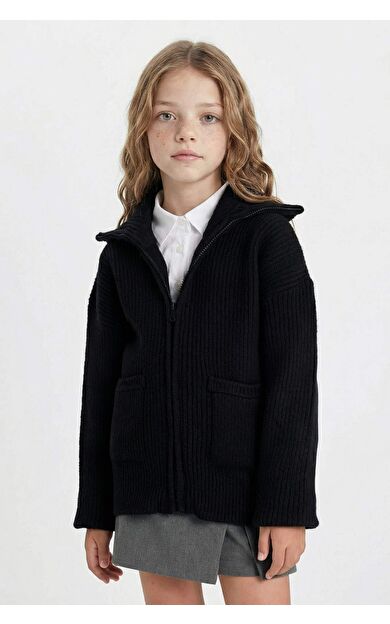 DeFactoFit Kız Çocuk Fermuarlı Siyah Okul Hırkası