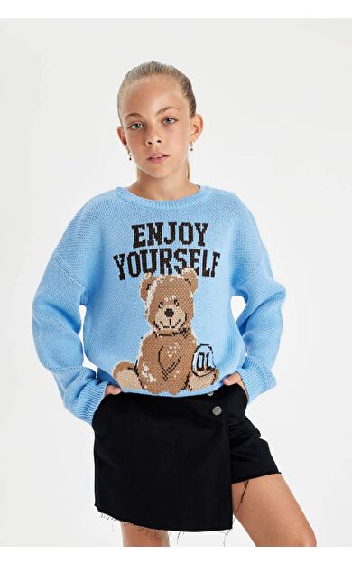 DeFacto Kız Çocuk Oversize Fit Bisiklet Yaka Kazak