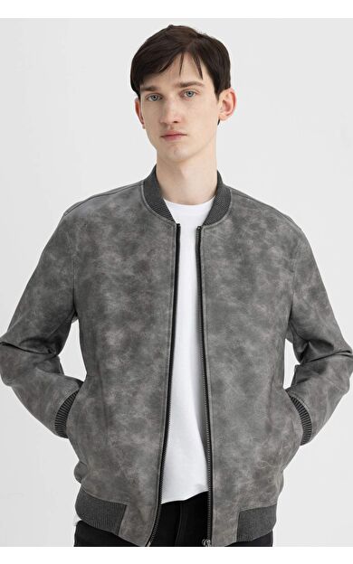 Slim Fit Dik Yaka Astarlı Suni Deri Mont