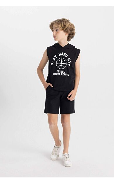 DeFactoFit Erkek Çocuk Baskılı Kolsuz Kapüşonlu Tişört Şort 2'li Takım