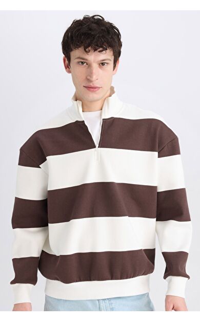 DeFacto Boxy Fit Fermuarlı Dik Yaka Çizgili Sweatshirt C7045AX24AUBN497