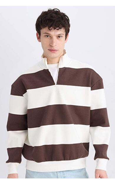 DeFacto Boxy Fit Fermuarlı Dik Yaka Çizgili Sweatshirt C7045AX24AUBN497