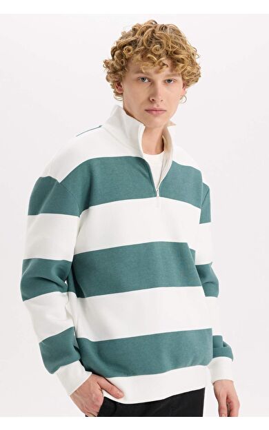 DeFacto Boxy Fit Polo Yaka Yarım Fermuarlı Çizgili Sweatshirt