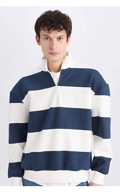 DeFacto Boxy Fit Fermuarlı Dik Yaka Çizgili Sweatshirt C7045AX24AUNV253