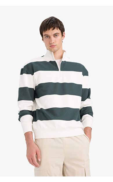Boxy Fit Dik Yaka Yarım Fermuarlı Çizgili Sweatshirt