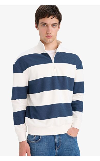 DeFacto Boxy Fit Dik Yaka Yarım Fermuarlı Çizgili Sweatshirt