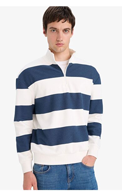 Boxy Fit Dik Yaka Yarım Fermuarlı Çizgili Sweatshirt