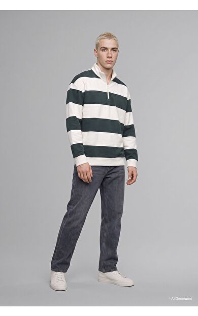 DeFacto Boxy Fıt Dik Yaka Çizgili Sweatshirt Yeşil