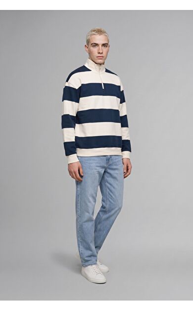 DeFacto Boxy Fıt Dik Yaka Çizgili Sweatshirt Lacivert