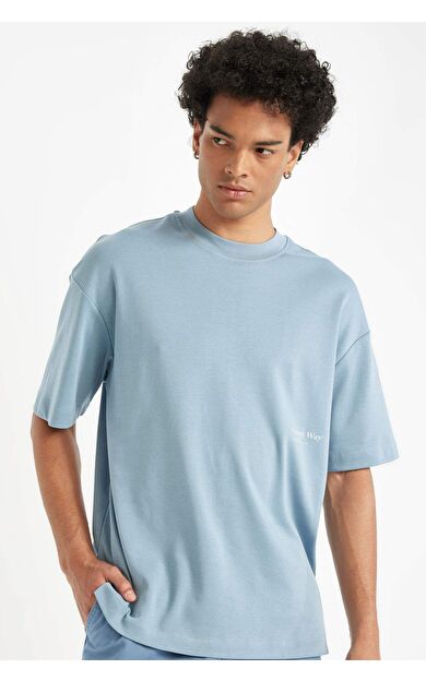 DeFactoFit Boxy Fit Bisiklet Yaka Baskılı Ağır Kumaş Kısa Kollu Tişört C7053AX24AUBE607