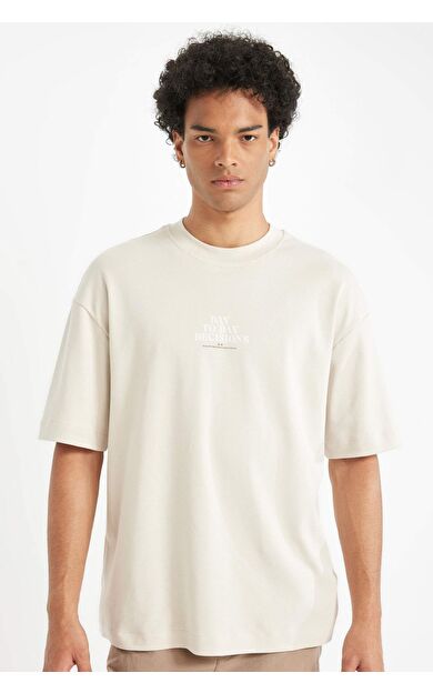 DeFacto DeFactoFit Boxy Fit Bisiklet Yaka Baskılı Ağır Kumaş Kısa Kollu Tişört C7054AX24AUBG721