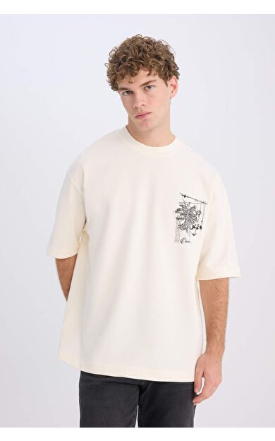 DeFacto Loose Fit Bisiklet Yaka Çiçekli Kısa Kollu Tişört