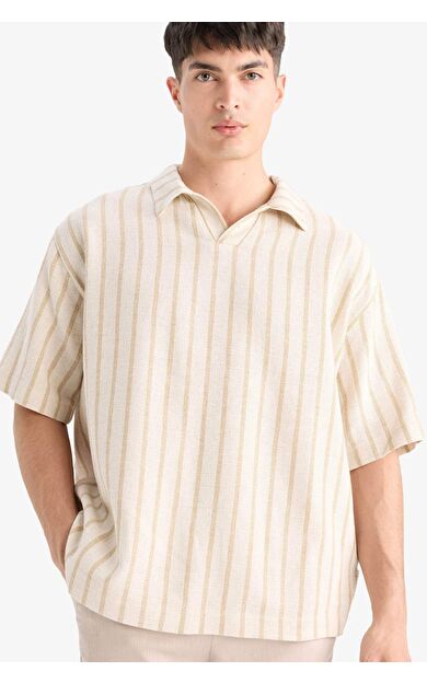 DeFacto Oversize Geniş Kalıp Polo Yaka Çizgili Kısa Kollu Gömlek