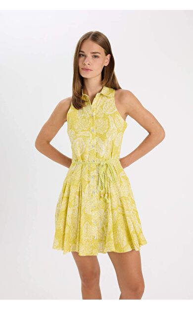 A Kesim V Yaka Baskılı Vual Kolsuz Maxi Elbise