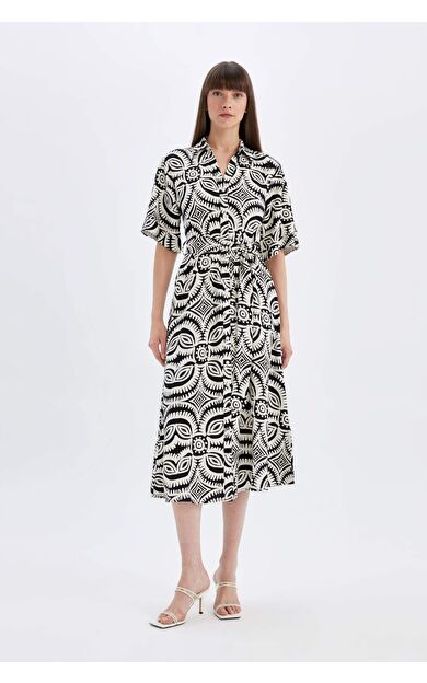 Gömlek Yaka Desenli Keten Karışımlı Yarım Kollu Midi Elbise