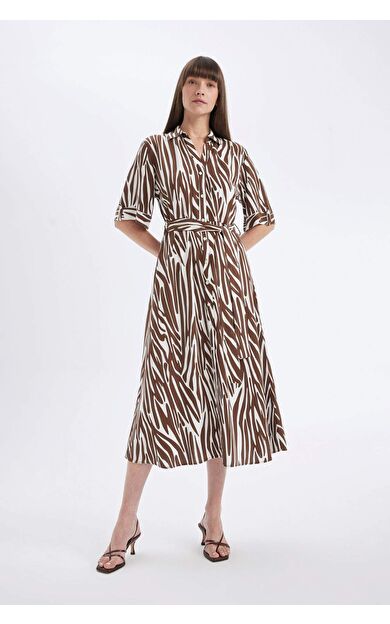 Gömlek Yaka Desenli Keten Karışımlı Kısa Kollu Midi Elbise