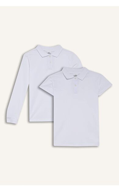 DeFacto Kız Çocuk Regular Fit Polo Yaka Basic Düz Pike 2'li Uzun Kollu Polo Tişört