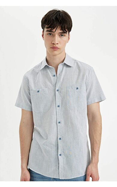 DeFactoFit Slim Fit Çizgili Pamuklu Kısa Kollu Gömlek C7361AX24SMBE741