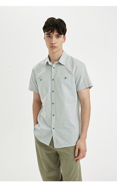 DeFacto DeFactoFit Slim Fit Çizgili Pamuklu Kısa Kollu Gömlek C7361AX24SMGN1015